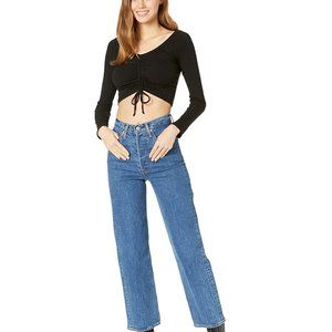 Madden Girl Cinched Front Cropped Long Sleeve Top- Black XXL